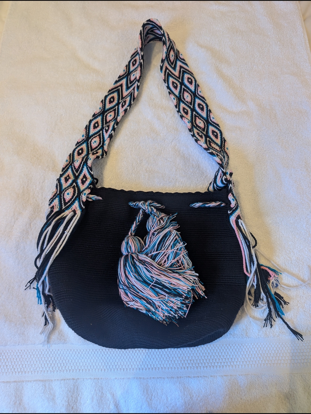 Authentic Wayuu Mochila Hand Crochet Crossbody Bag Black Pastel Geometric Boho